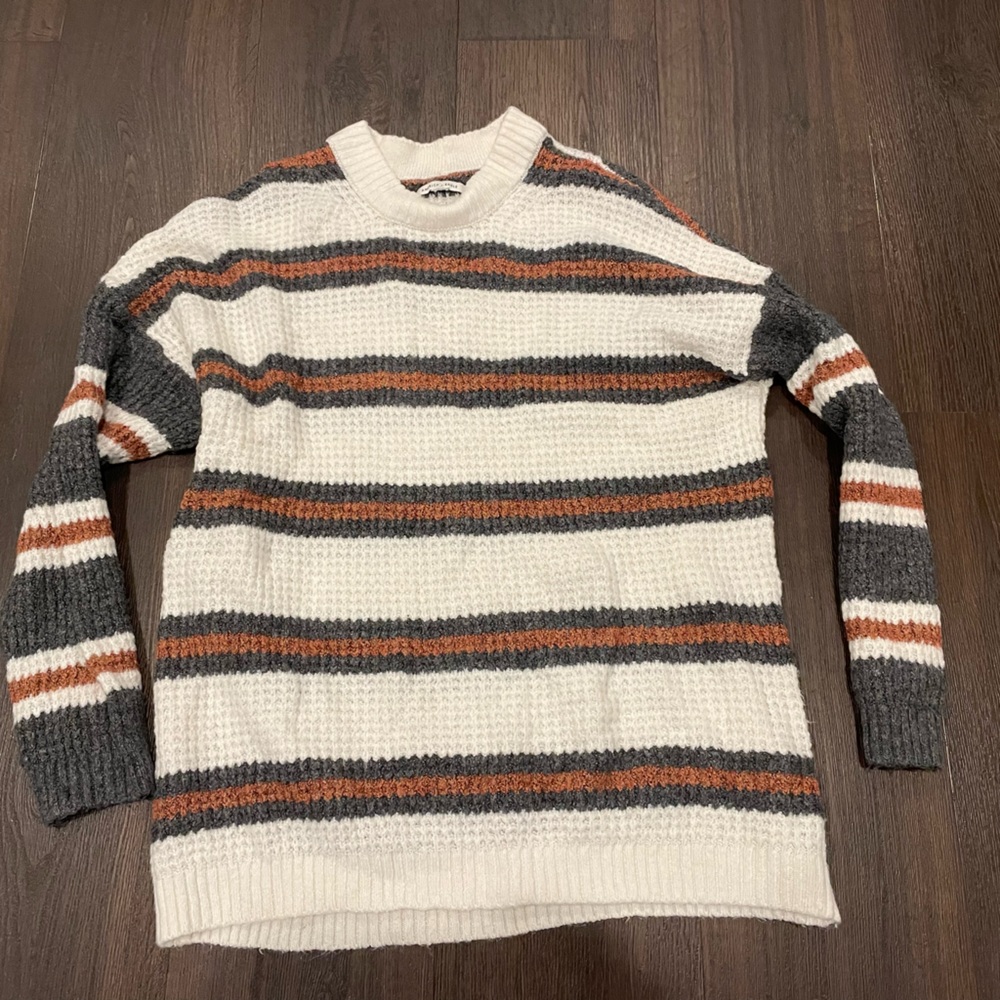 Striped Knit Sweater in Cream, Gray, and Brown